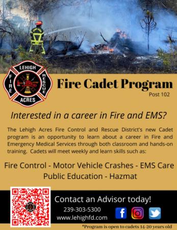 Cadet Program Flyer, information on program accompanied by photo of firefighter. 