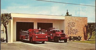 Original Station at Homestead Rd with two fire trucks